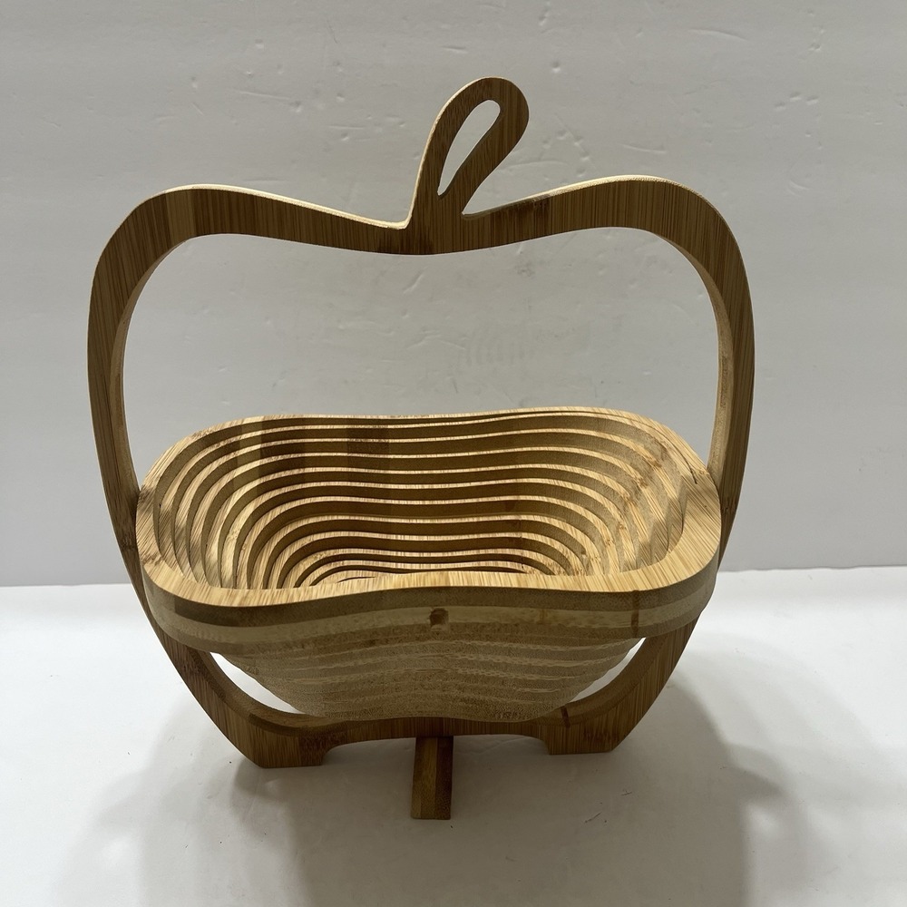 Vintage Spiral Cut Collapsible Wooden Basket On Tray Apple Shape Handle Stem